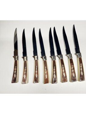 8- Regent Sheffield Bakelite Handle Steak Knives Vintage Set Leaf Cream Brown